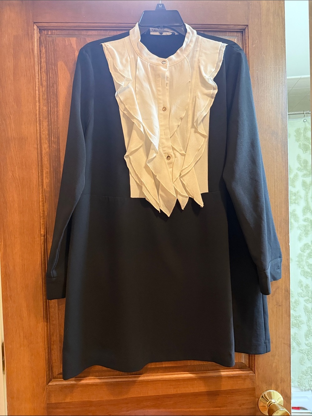 Zara Black Dress with Ivory Ruffle Bib - Long Sleeve Women's Dress